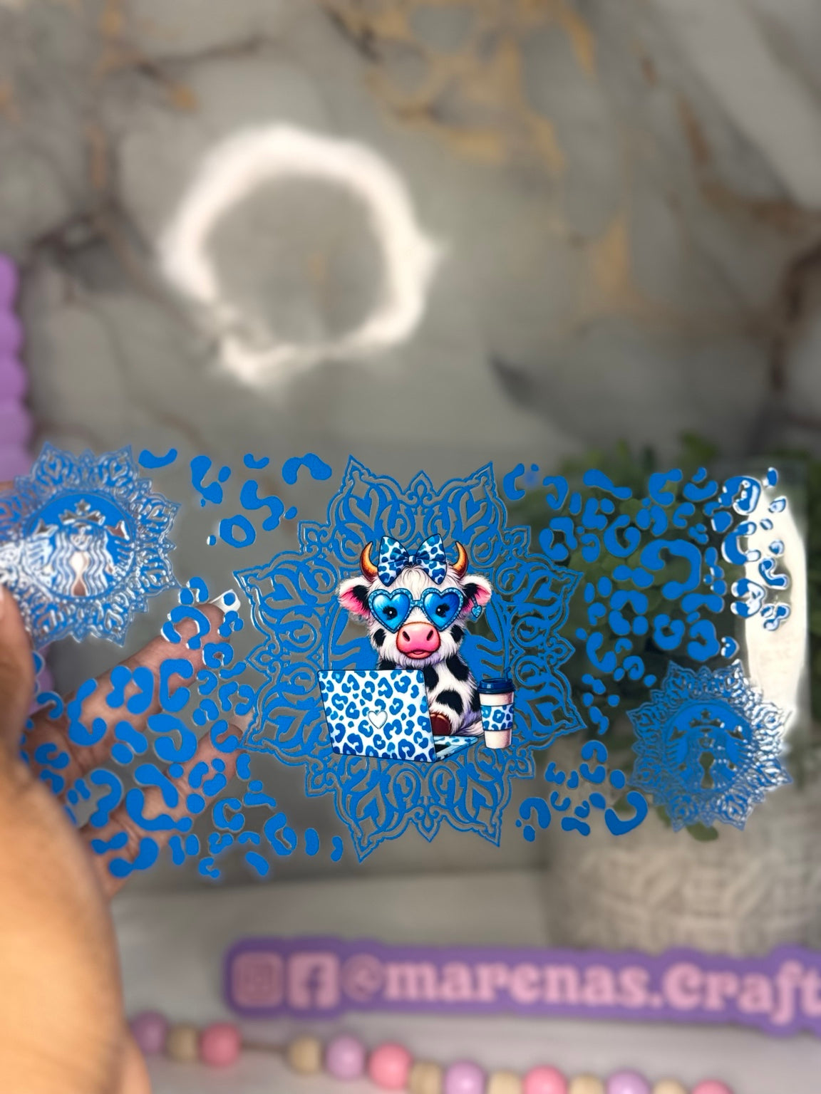 Blue Cow Coffee Pattern UV DTF Sticker - Marenas Crafty